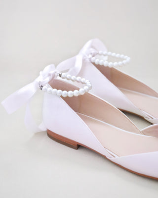 Satin Round Toe Evening Flat with All Pearls Ankle Strap