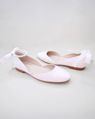 Satin Round Toe Evening Flat with All Pearls Ankle Strap