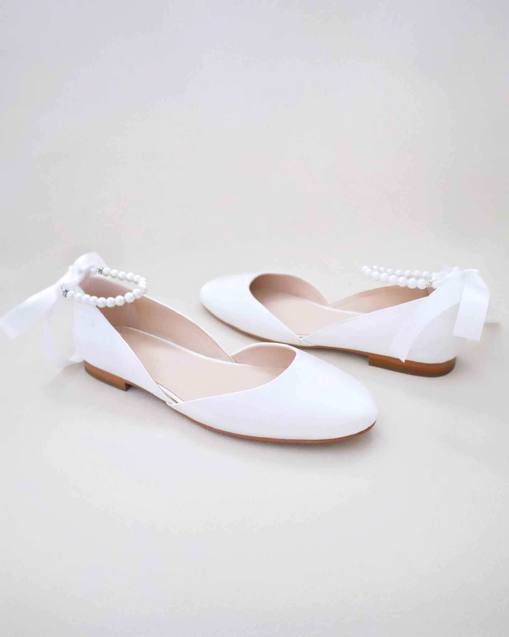 White Bridal Round Toe Flat with Pearl Strap, Wedding Shoes