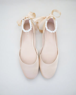 Satin Round Toe Evening Flat with All Pearls Ankle Strap