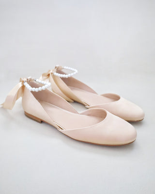 Satin Round Toe Evening Flat with All Pearls Ankle Strap