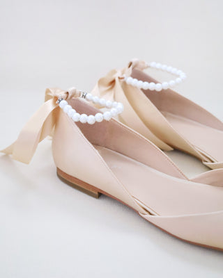 Satin Round Toe Evening Flat with All Pearls Ankle Strap