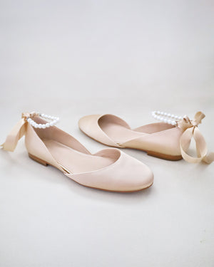 Satin Round Toe Evening Flat with All Pearls Ankle Strap