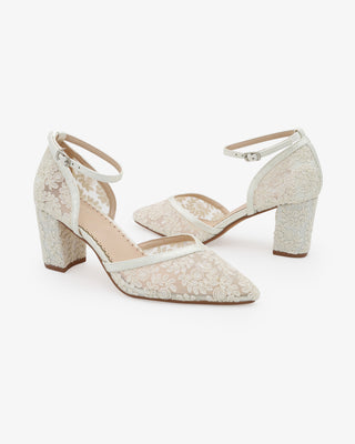 Ivory Lace Block Heel For Weddings with Ankle Strap