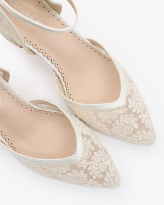 Ivory Lace Block Heel For Weddings with Ankle Strap