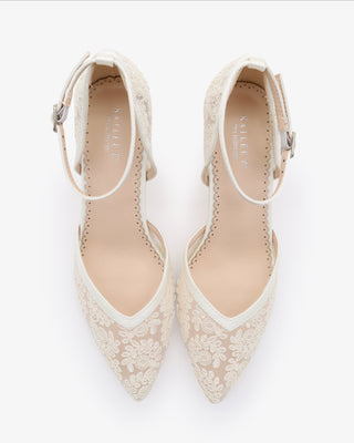 Ivory Lace Block Heel For Weddings with Ankle Strap