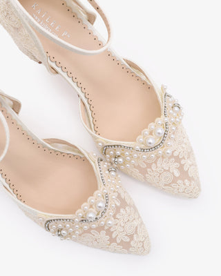 Ivory Lace Block Heel with Small Pearls Applique