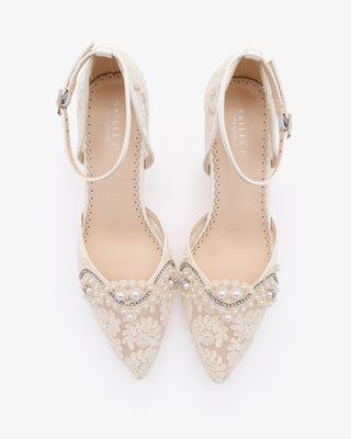 Ivory Lace Block Heel with Small Pearls Applique
