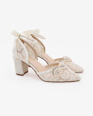 Lace Block Heel with Small Pearls Applique