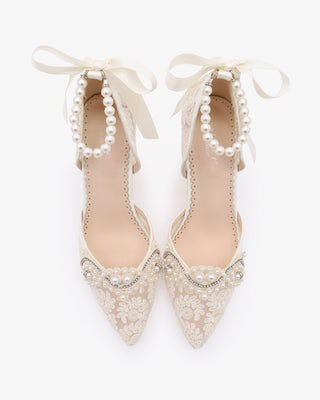 Ivory Lace Block Heel with Small Pearls Applique