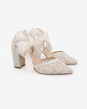 Lace Block Heel Ankle Tie Bridal Shoes