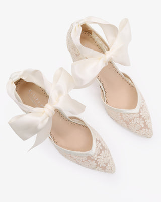 Ivory Lace Block Heel Ankle Tie Bridal Shoes