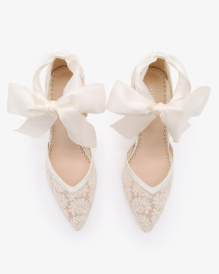 Ivory Lace Block Heel Ankle Tie Bridal Shoes