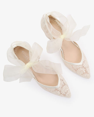 Ivory Lace Block Heel Ankle Tie Bridal Shoes