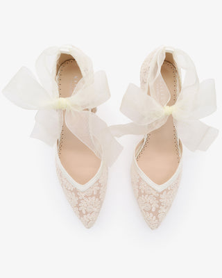 Ivory Lace Block Heel Ankle Tie Bridal Shoes