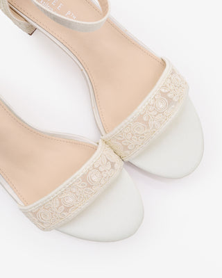 Ivory Crochet Lace Block Heel Wedding Sandals with Back Satin Bow