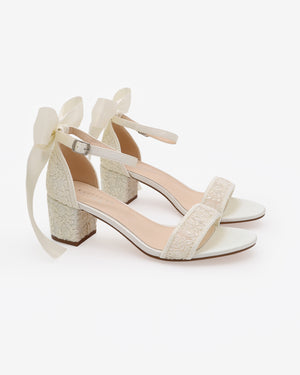 Crochet Lace Block Heel Wedding Sandals with Back Satin Bow