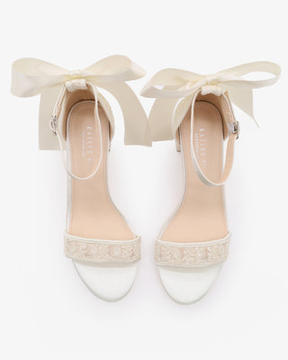 Ivory Crochet Lace Block Heel Wedding Sandals with Back Satin Bow