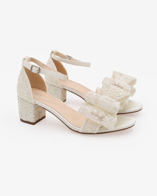Ivory Crochet Lace Block Heel Wedding Sandals with Oversized Crochet Lace Bow