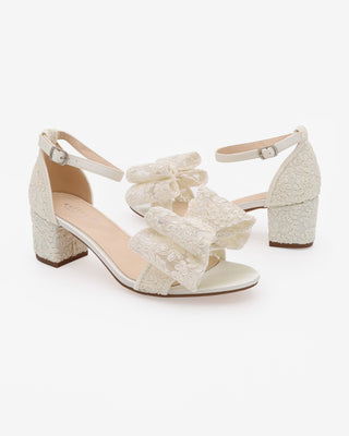 Ivory Crochet Lace Block Heel Wedding Sandals with Oversized Crochet Lace Bow
