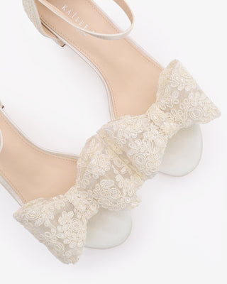 Ivory Crochet Lace Block Heel Wedding Sandals with Oversized Crochet Lace Bow