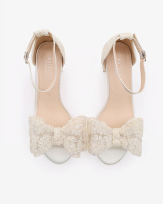 Ivory Crochet Lace Block Heel Wedding Sandals with Oversized Crochet Lace Bow