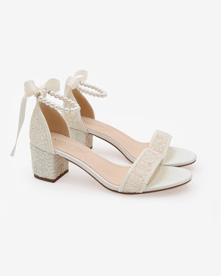 Ivory Crochet Lace Block Heel Wedding Sandals with All Pearl Ankle Strap