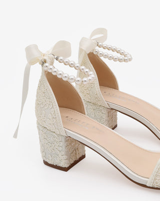 Ivory Crochet Lace Block Heel Wedding Sandals with All Pearl Ankle Strap
