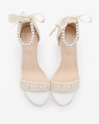 Ivory Crochet Lace Block Heel Wedding Sandals with All Pearl Ankle Strap