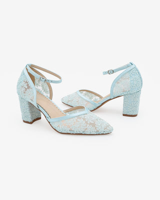 Light Blue Lace Block Heel For Weddings