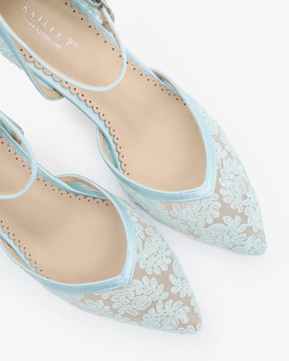 Light Blue Lace Block Heel For Weddings with Back Crochet Bow
