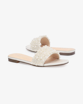 Ivory Satin Slip on Wedding Sandals with Perla Applique across the vamp