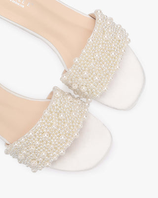 Ivory Satin Slip on Wedding Sandals with Perla Applique across the vamp