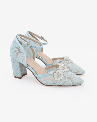 Light Blue Lace Block Heel with Small Pearls Applique