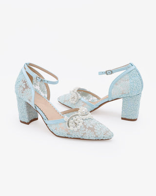 Light Blue Lace Block Heel with Small Pearls Applique