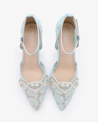Light Blue Lace Block Heel with Small Pearls Applique