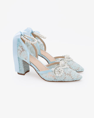 Light Blue Lace Block Heel with Small Pearls Applique