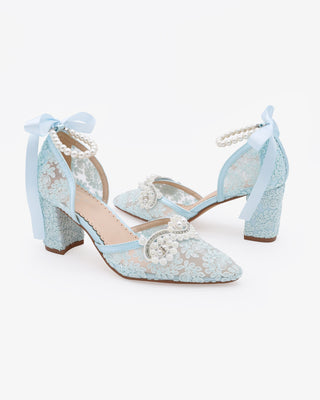 Light Blue Lace Block Heel with Small Pearls Applique