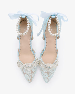 Light Blue Lace Block Heel with Small Pearls Applique