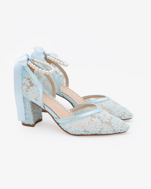 Bridal Lace Block Heel with All Pearls Ankle Strap