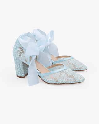Light Blue Lace Block Heel Ankle Tie Bridal Shoes