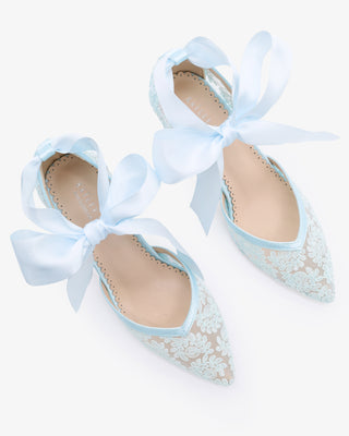 Light Blue Lace Block Heel Ankle Tie Bridal Shoes