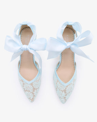 Light Blue Lace Block Heel Ankle Tie Bridal Shoes