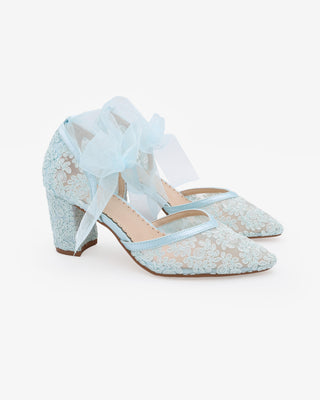 Light Blue Lace Block Heel Ankle Tie Bridal Shoes