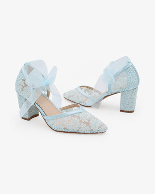Light Blue Lace Block Heel Ankle Tie Bridal Shoes