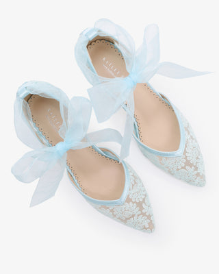 Light Blue Lace Block Heel Ankle Tie Bridal Shoes