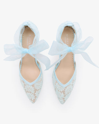 Light Blue Lace Block Heel Ankle Tie Bridal Shoes