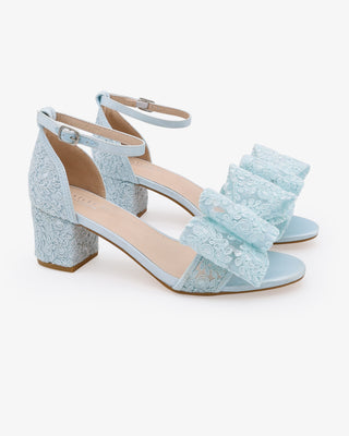 Light Blue Crochet Lace Block Heel Wedding Sandals with Oversized Crochet Lace Bow