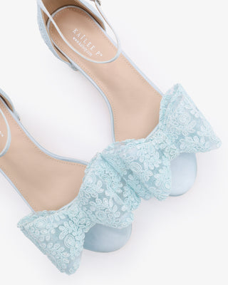 Light Blue Crochet Lace Block Heel Wedding Sandals with Oversized Crochet Lace Bow