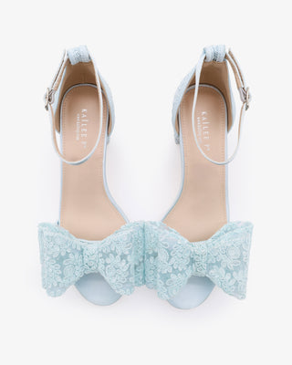 Light Blue Crochet Lace Block Heel Wedding Sandals with Oversized Crochet Lace Bow